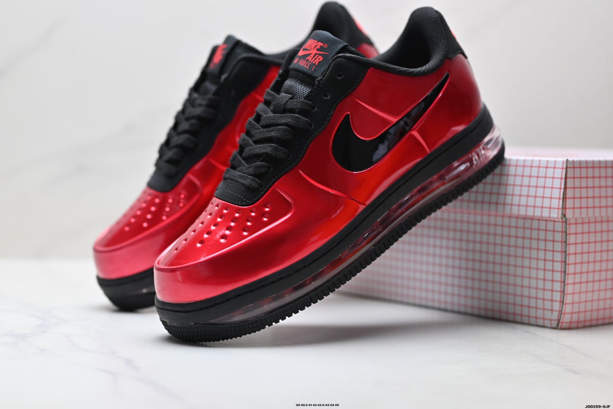 Nike Air Force 1 Low Red Black Unisex Sneakers Style 03 main angled pair with shoebox