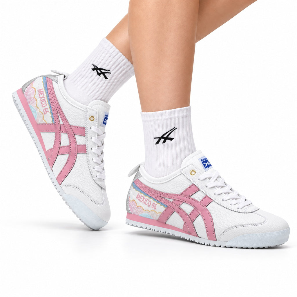 Onitsuka Tiger Retro Low Top White Pink Silver Unisex Shoes Style 02 main angled pair view