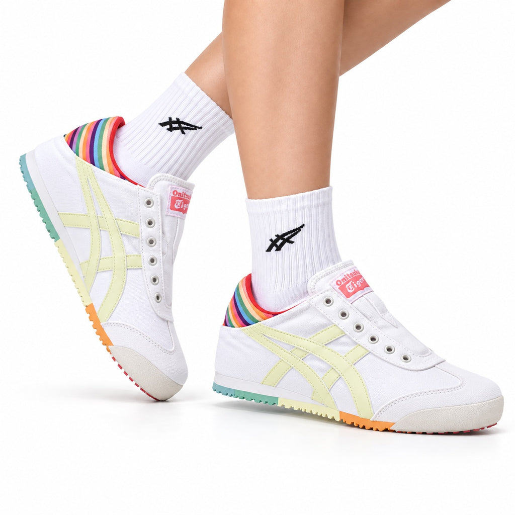 Onitsuka Tiger Retro Low Top White Pastel Rainbow Unisex Shoes Style 04 main angled pair view