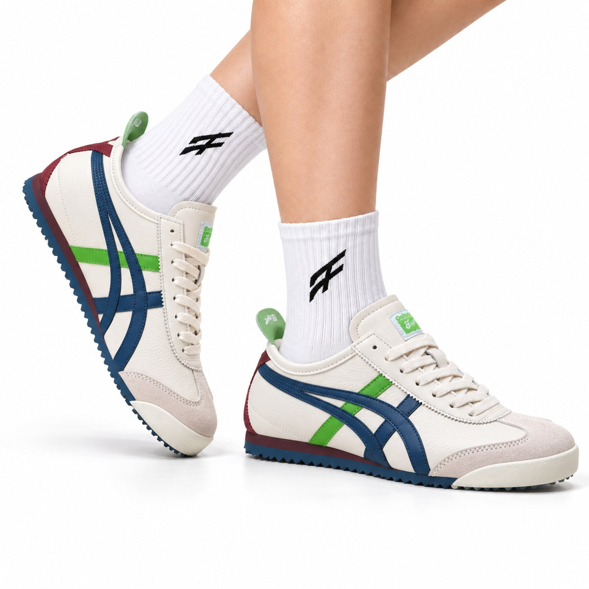 Onitsuka Tiger Retro Low Top White Navy Green Red Unisex Shoes Style 06 main angled pair view