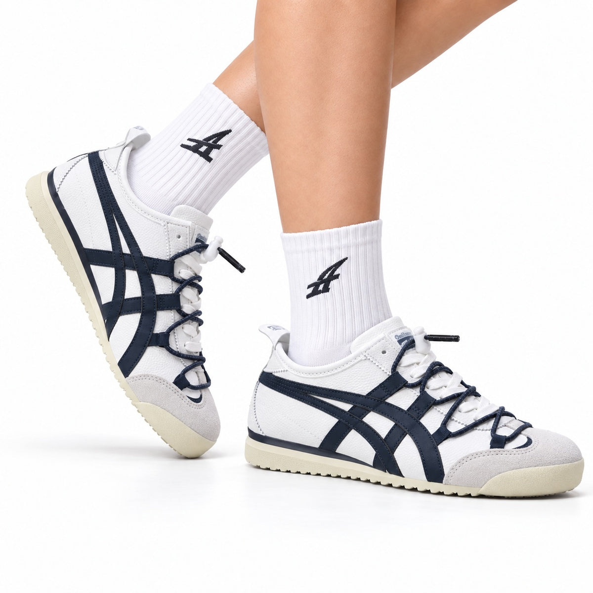 Onitsuka Tiger Retro Low Top White Navy Rope Lace Unisex Shoes Style 13 main angled pair view