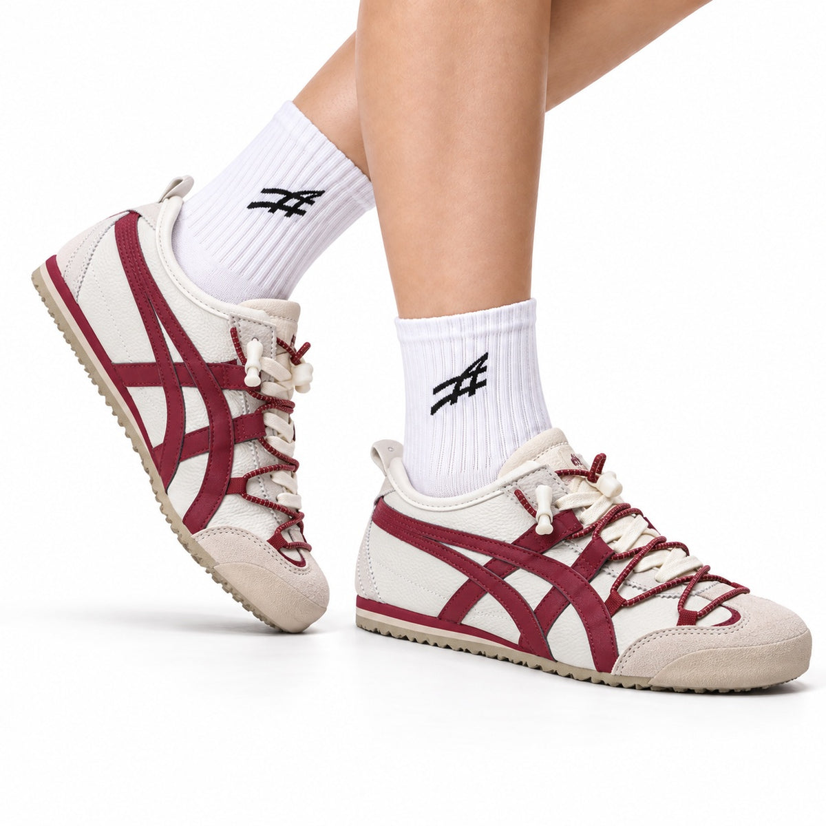 Onitsuka Tiger Retro Low Top White Burgundy Rope Lace Unisex Shoes Style 14 main angled pair view