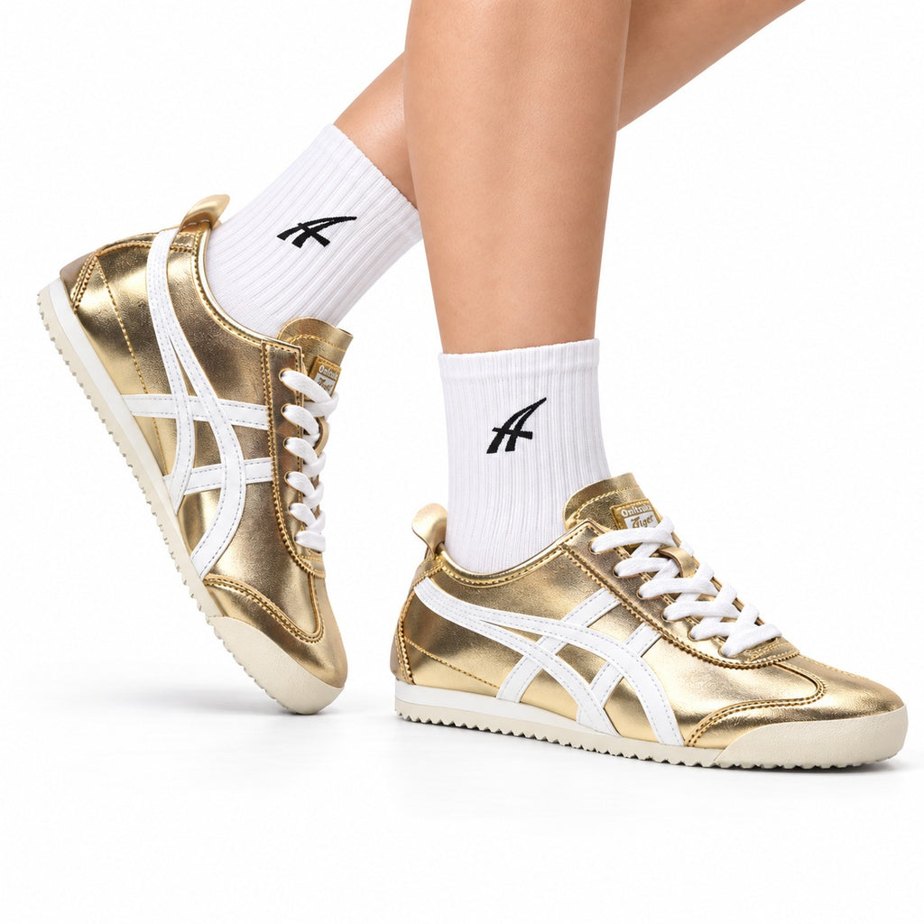 Onitsuka Tiger Retro Low Top Metallic Gold White Unisex Shoes Style 19 main angled pair view