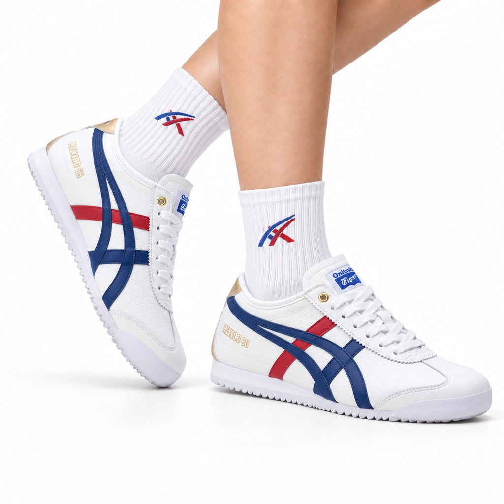 Onitsuka Tiger Retro Low Top White Royal Blue Red Unisex Shoes Style 20 main angled pair view