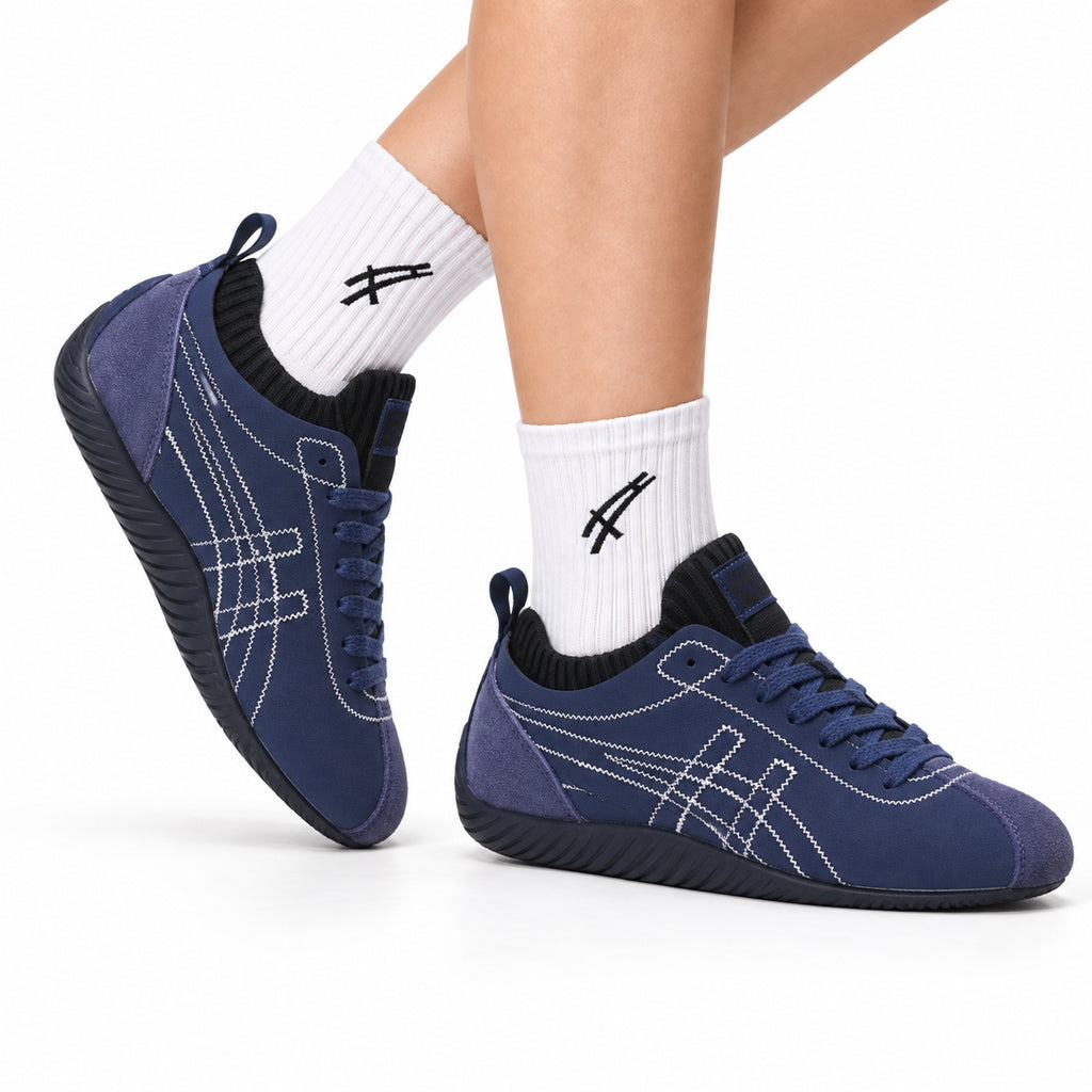 Onitsuka Tiger Low Profile Runner Navy Line Art Unisex Shoes Style 34 main angled pair view