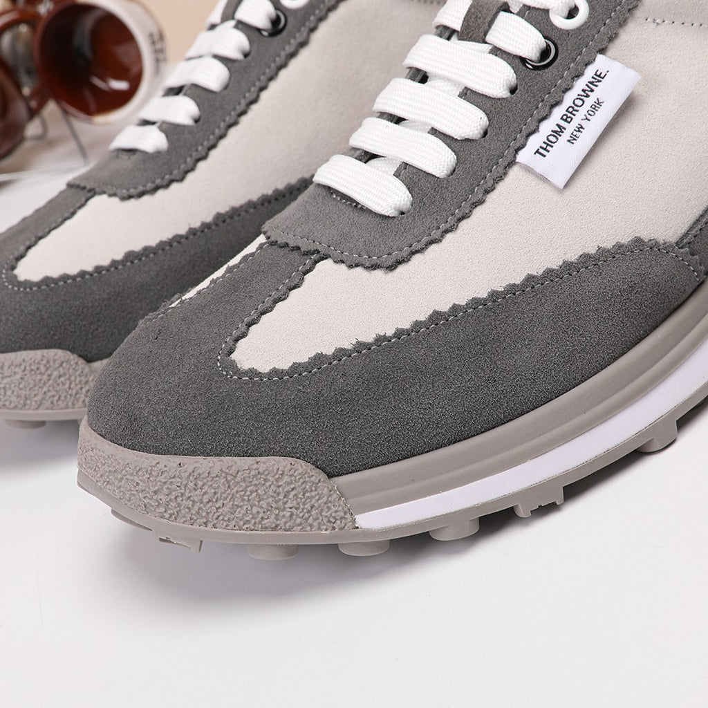 Thom Browne Men’s Grey Mixed-Material Retro Runner Sneakers – product detail view 2
