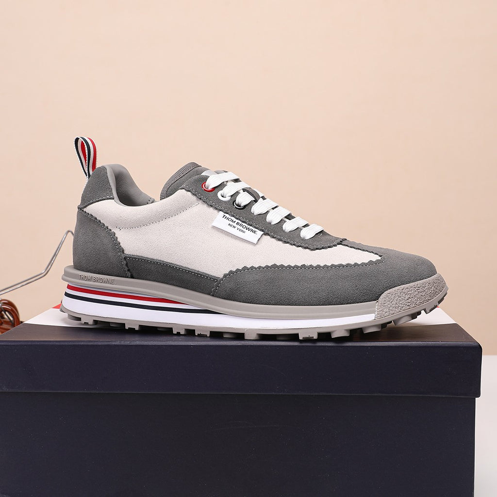 Thom Browne Men’s Grey Mixed-Material Retro Runner Sneakers – product detail view 4