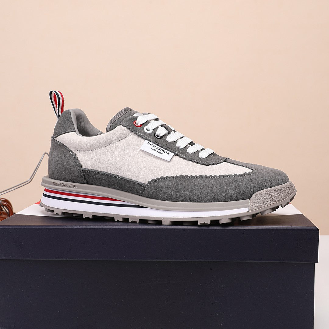 Thom Browne Men’s Grey Mixed-Material Retro Runner Sneakers – product detail view 4