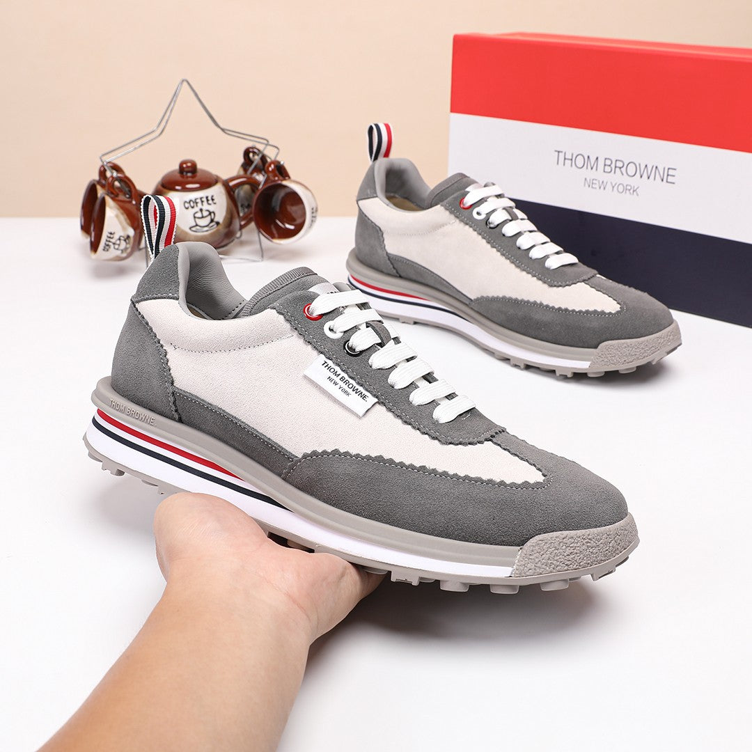 Thom Browne Men’s Grey Mixed-Material Retro Runner Sneakers – product detail view 5