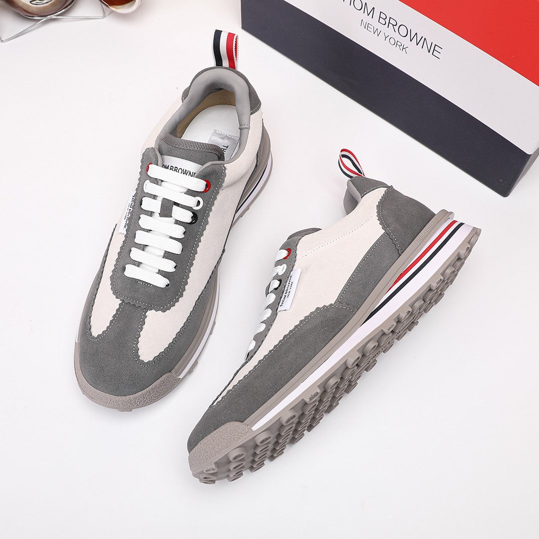 Thom Browne Men’s Grey Mixed-Material Retro Runner Sneakers – product detail view 6