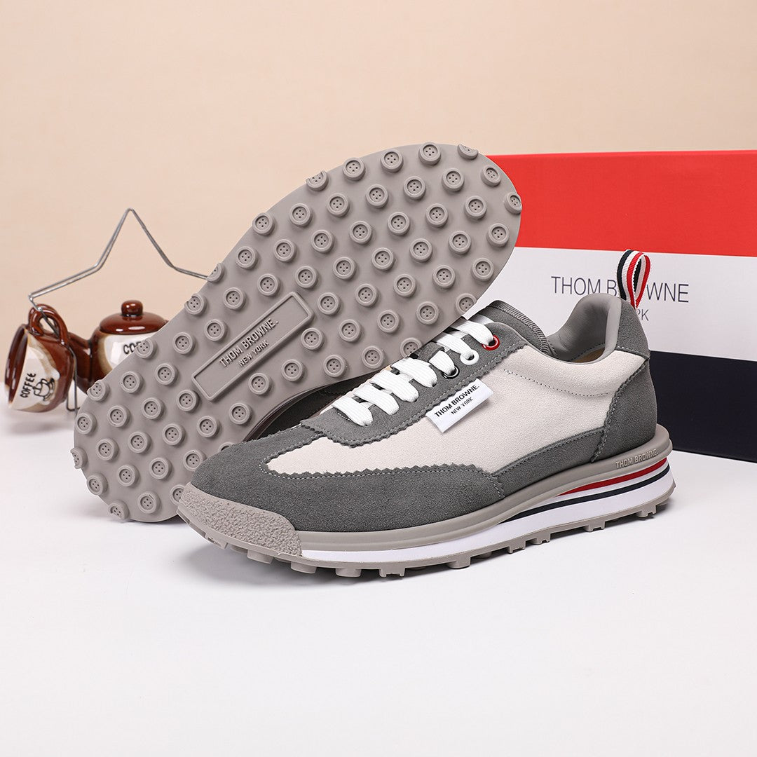 Thom Browne Men’s Grey Mixed-Material Retro Runner Sneakers – product detail view 9