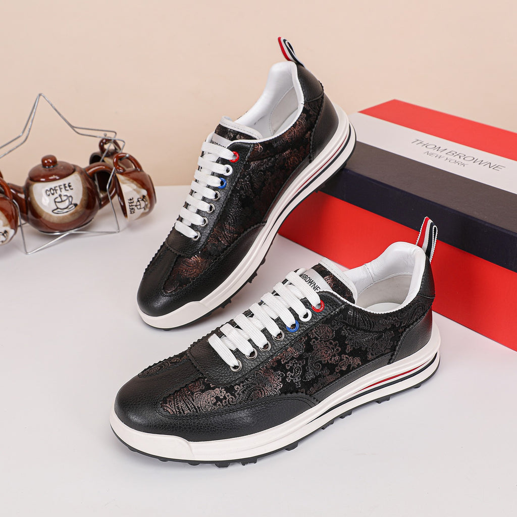 Thom Browne Men’s Black Monogram Leather Runner Sneakers – product detail view 2