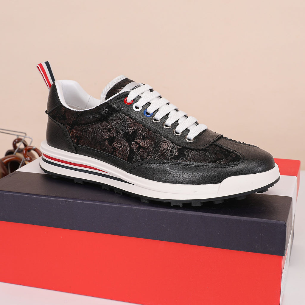 Thom Browne Men’s Black Monogram Leather Runner Sneakers – product detail view 3