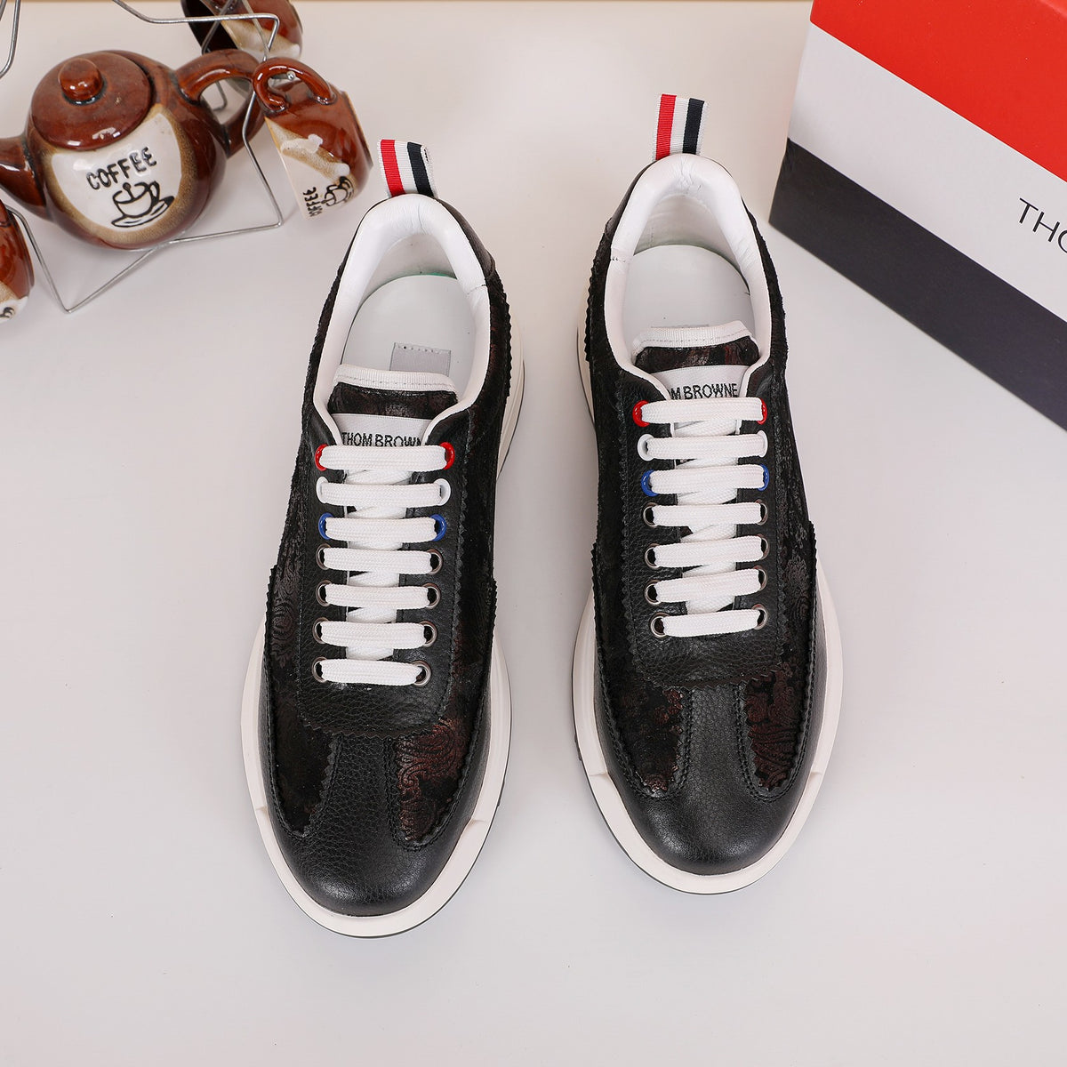 Thom Browne Men’s Black Monogram Leather Runner Sneakers – product detail view 4