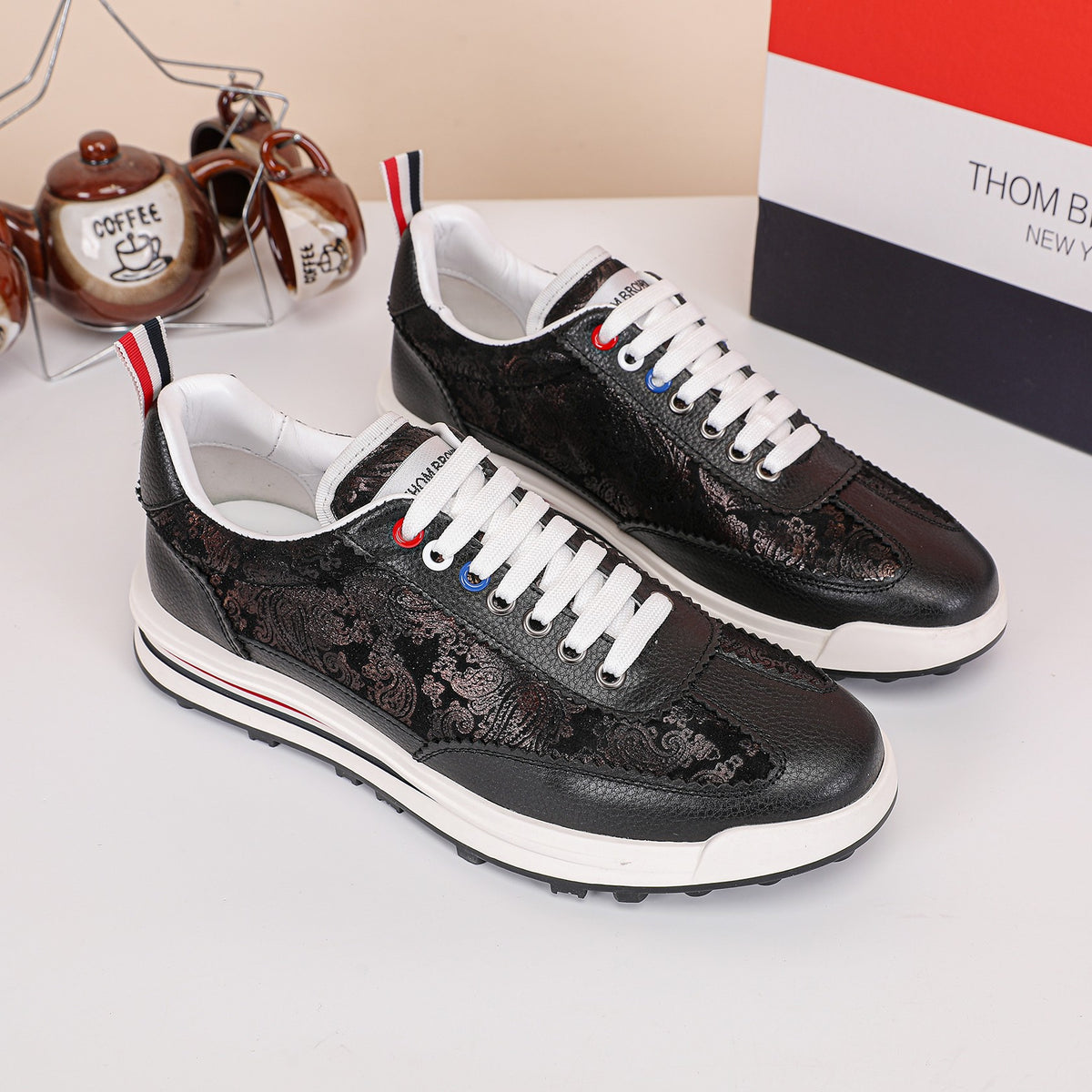 Thom Browne Men’s Black Monogram Leather Runner Sneakers – product detail view 6