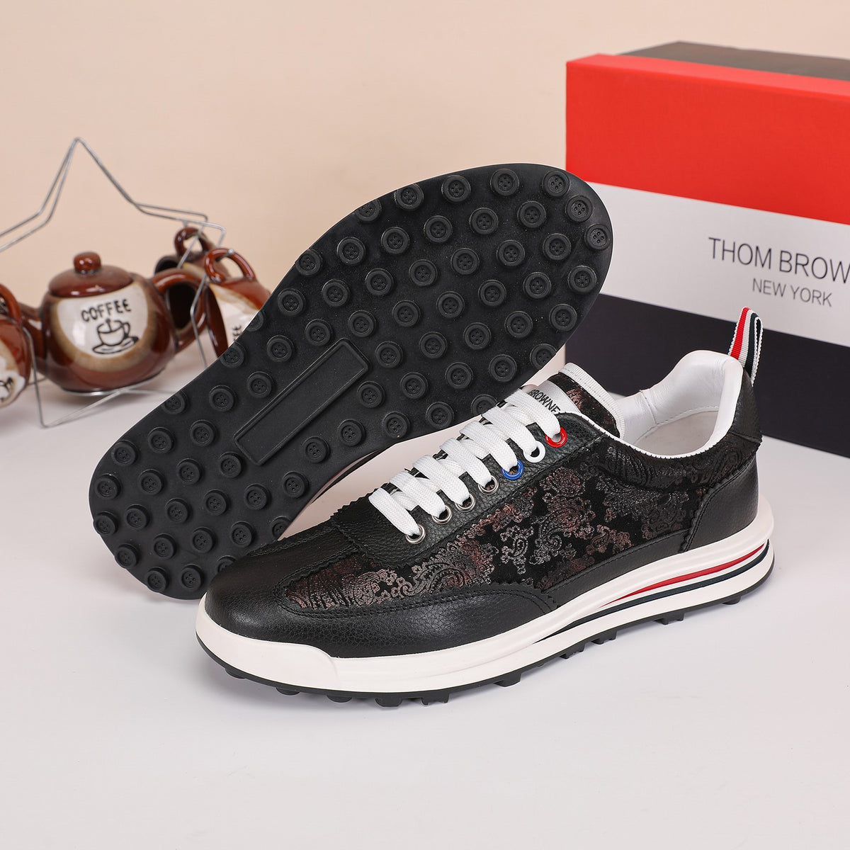 Thom Browne Men’s Black Monogram Leather Runner Sneakers – product detail view 7