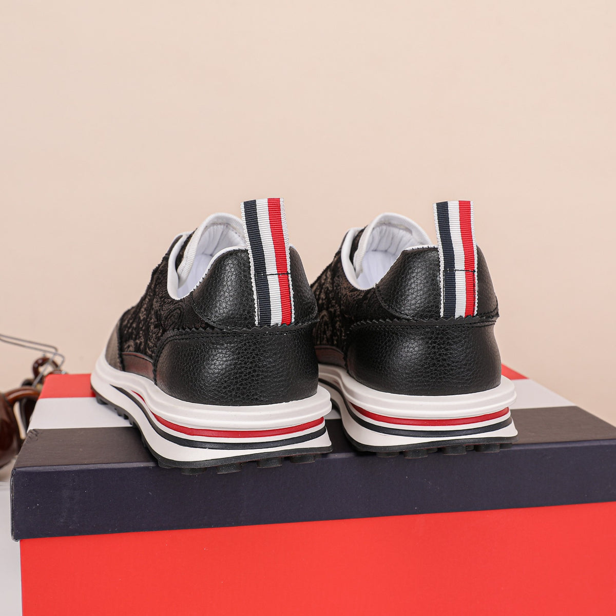Thom Browne Men’s Black Monogram Leather Runner Sneakers – product detail view 9