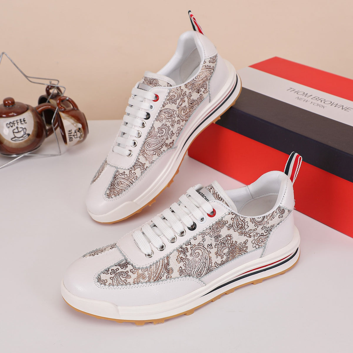 Thom Browne Men’s White Paisley Leather Runner Sneakers – product detail view 3