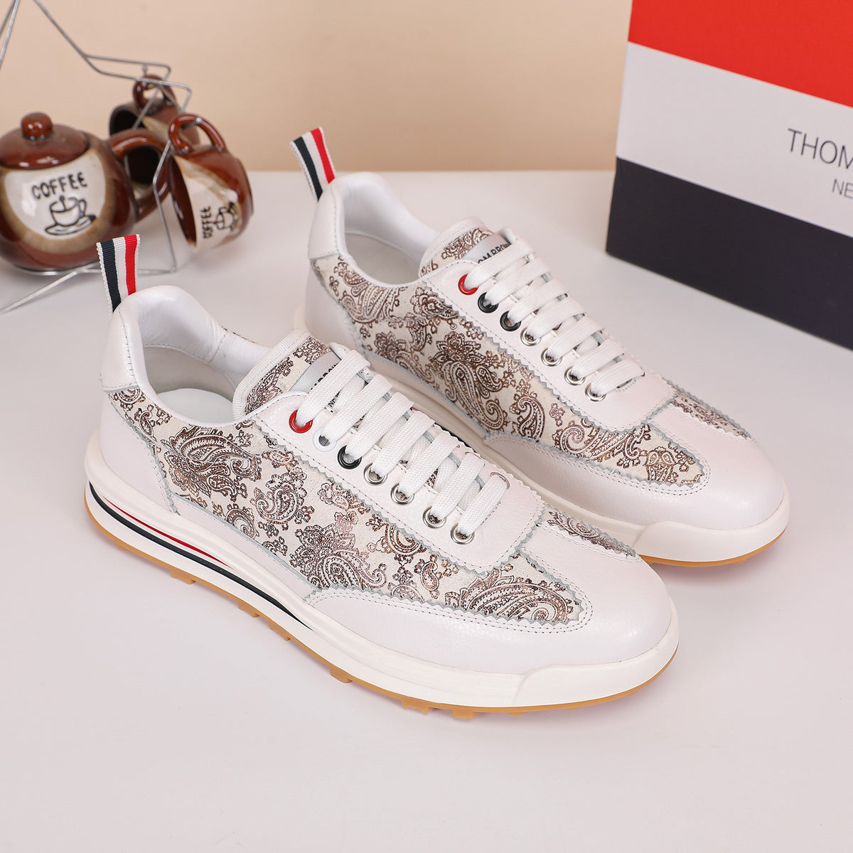 Thom Browne Men’s White Paisley Leather Runner Sneakers – product detail view 8