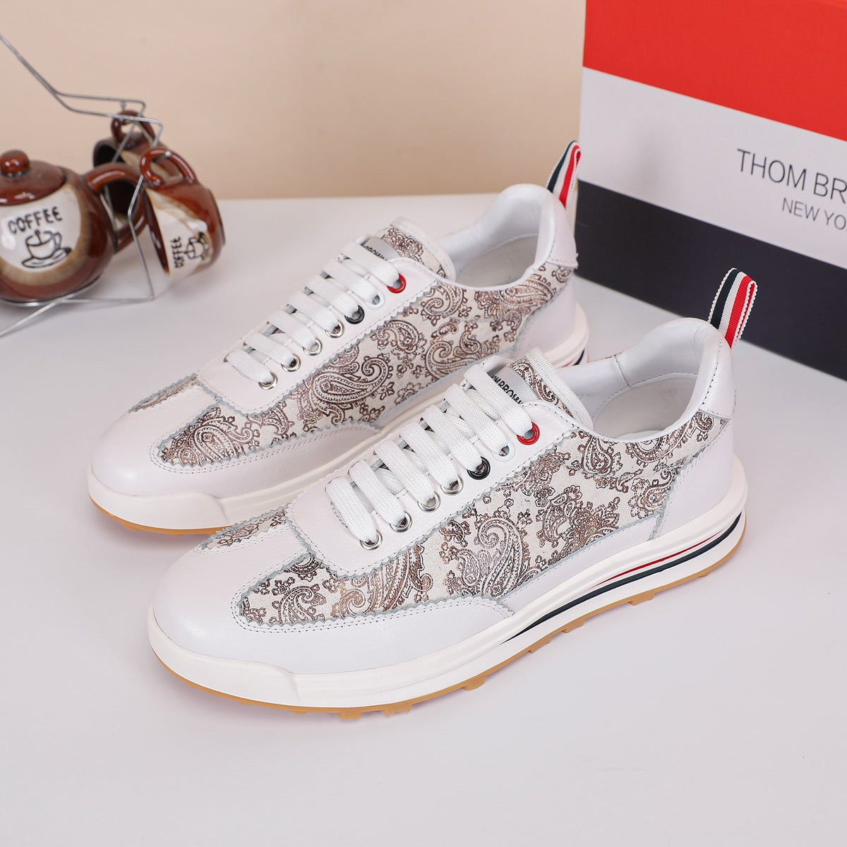 Thom Browne Men’s White Paisley Leather Runner Sneakers – left-facing main product view