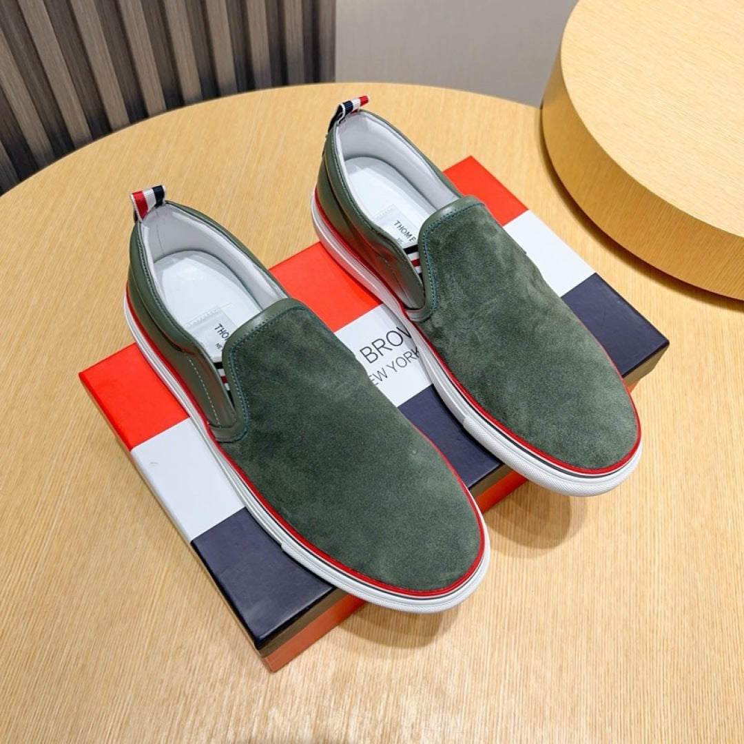 Thom Browne Men’s Green Suede Slip-On Sneakers – left-facing main product view