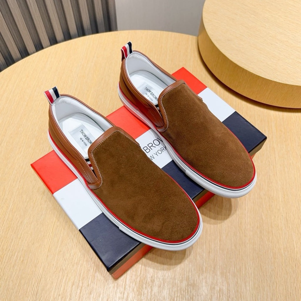 Thom Browne Men’s Brown Suede Slip-On Sneakers – left-facing main product view