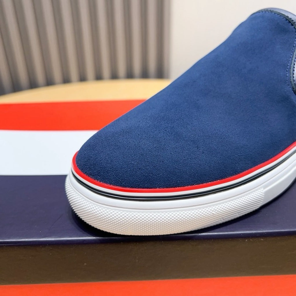 Thom Browne Men’s Navy Suede Slip-On Sneakers – product detail view 7