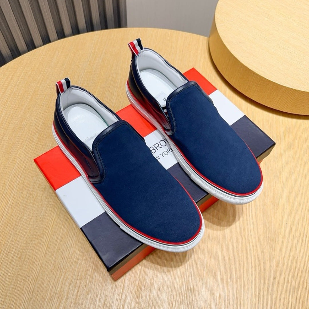 Thom Browne Men’s Navy Suede Slip-On Sneakers – left-facing main product view