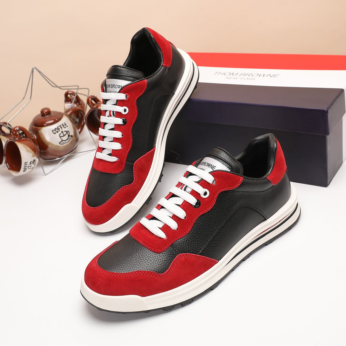 Thom Browne Men’s Red Black Colorblock Runner Sneakers – product detail view 2