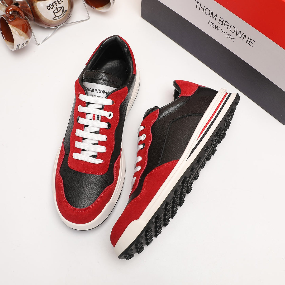 Thom Browne Men’s Red Black Colorblock Runner Sneakers – product detail view 6