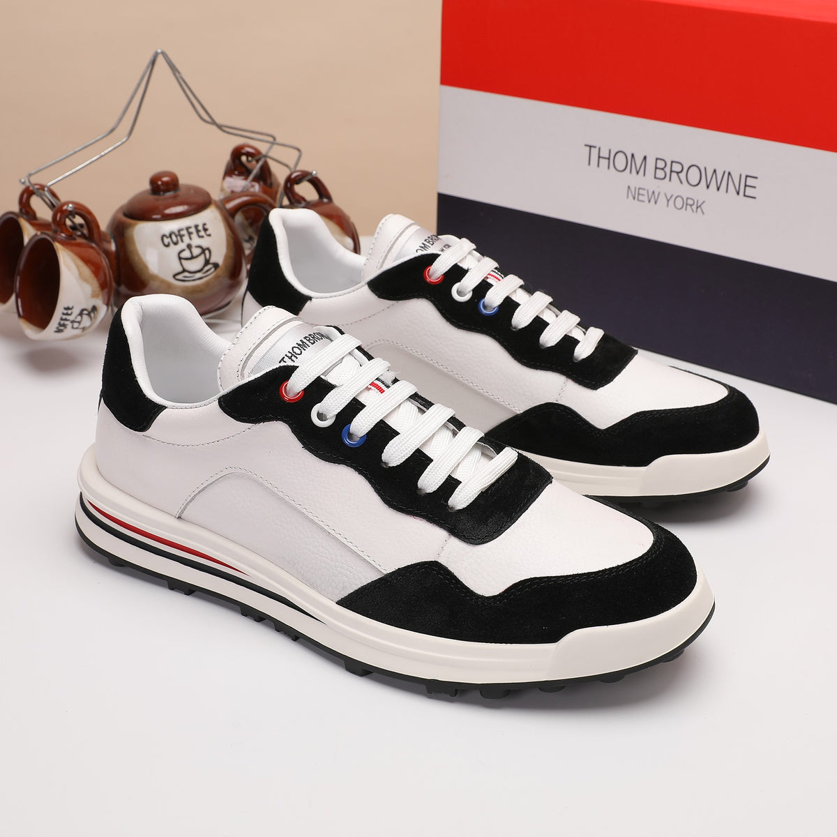 Thom Browne Men’s Black White Colorblock Runner Sneakers – product detail view 2