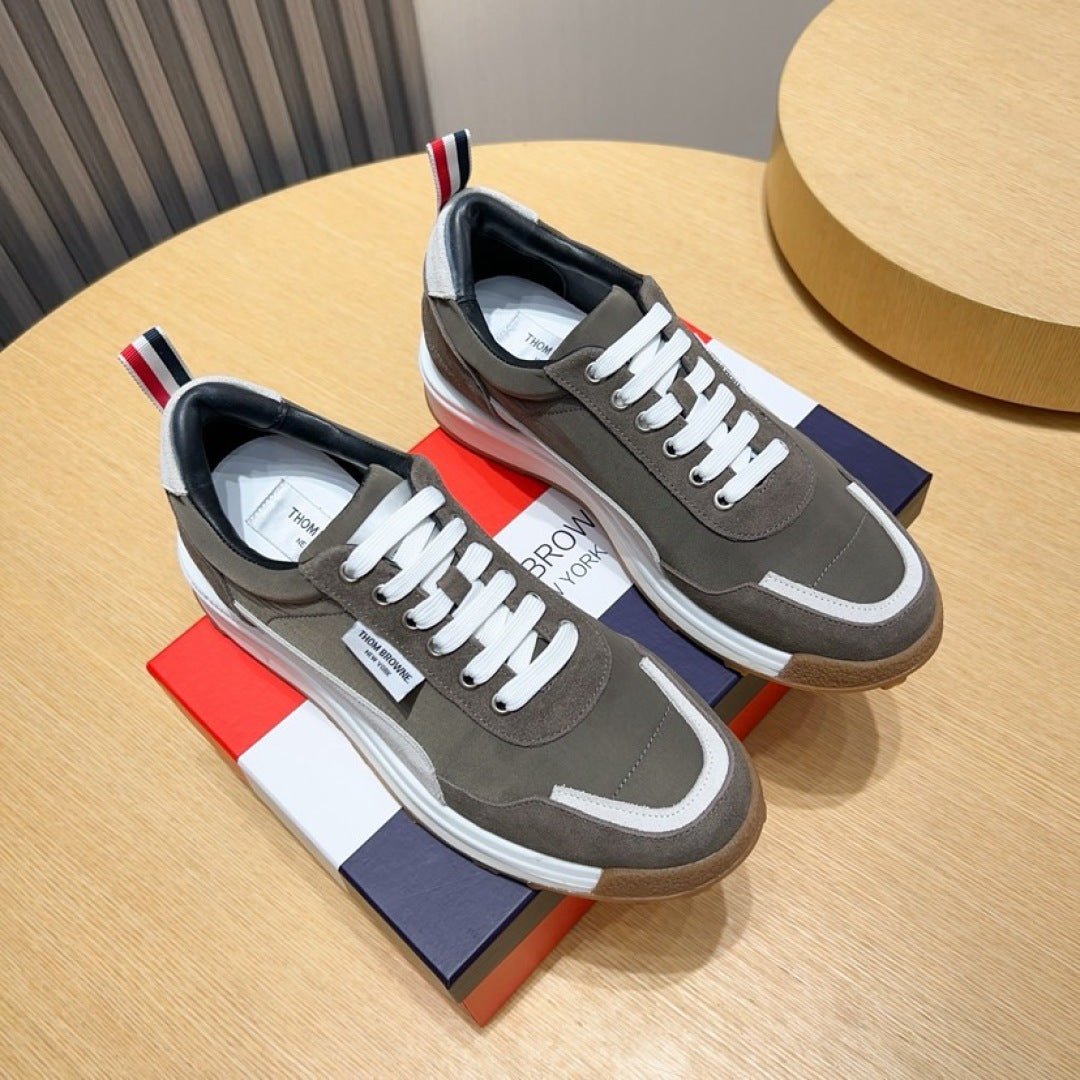 Thom Browne Men’s Taupe White Gum-Sole Runner Sneakers – left-facing main product view