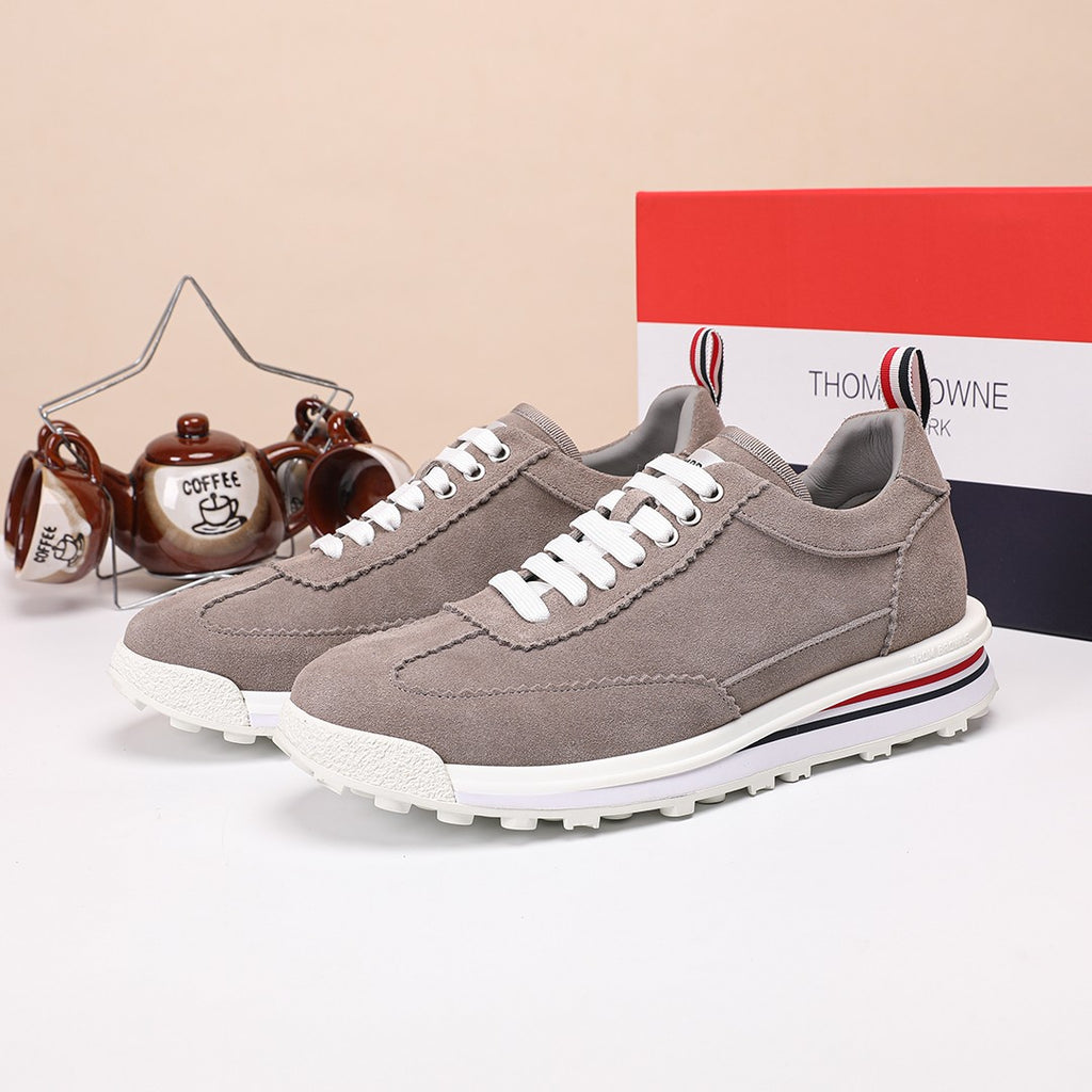 Thom Browne Men’s Taupe Suede Retro Runner Sneakers – left-facing main product view