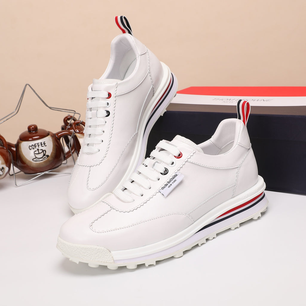 Thom Browne Men’s Triple White Leather Runner Sneakers – product detail view 3