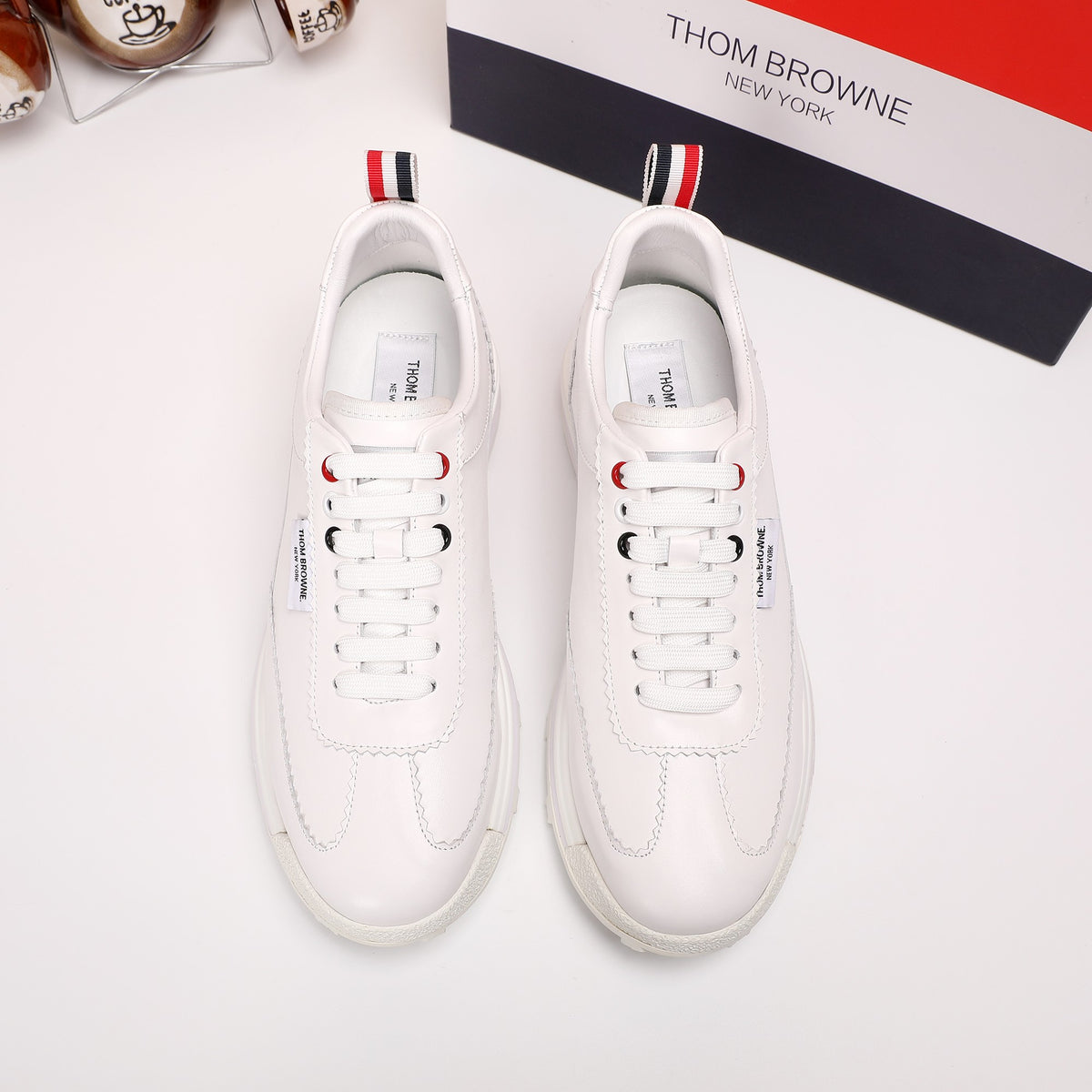 Thom Browne Men’s Triple White Leather Runner Sneakers – product detail view 4