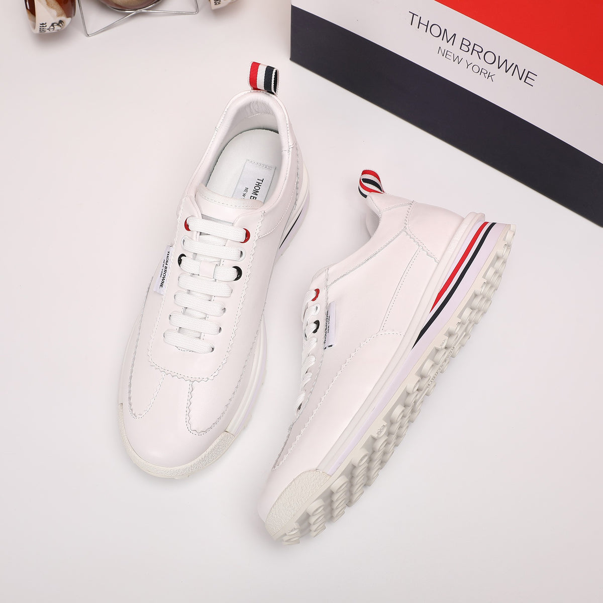 Thom Browne Men’s Triple White Leather Runner Sneakers – product detail view 5
