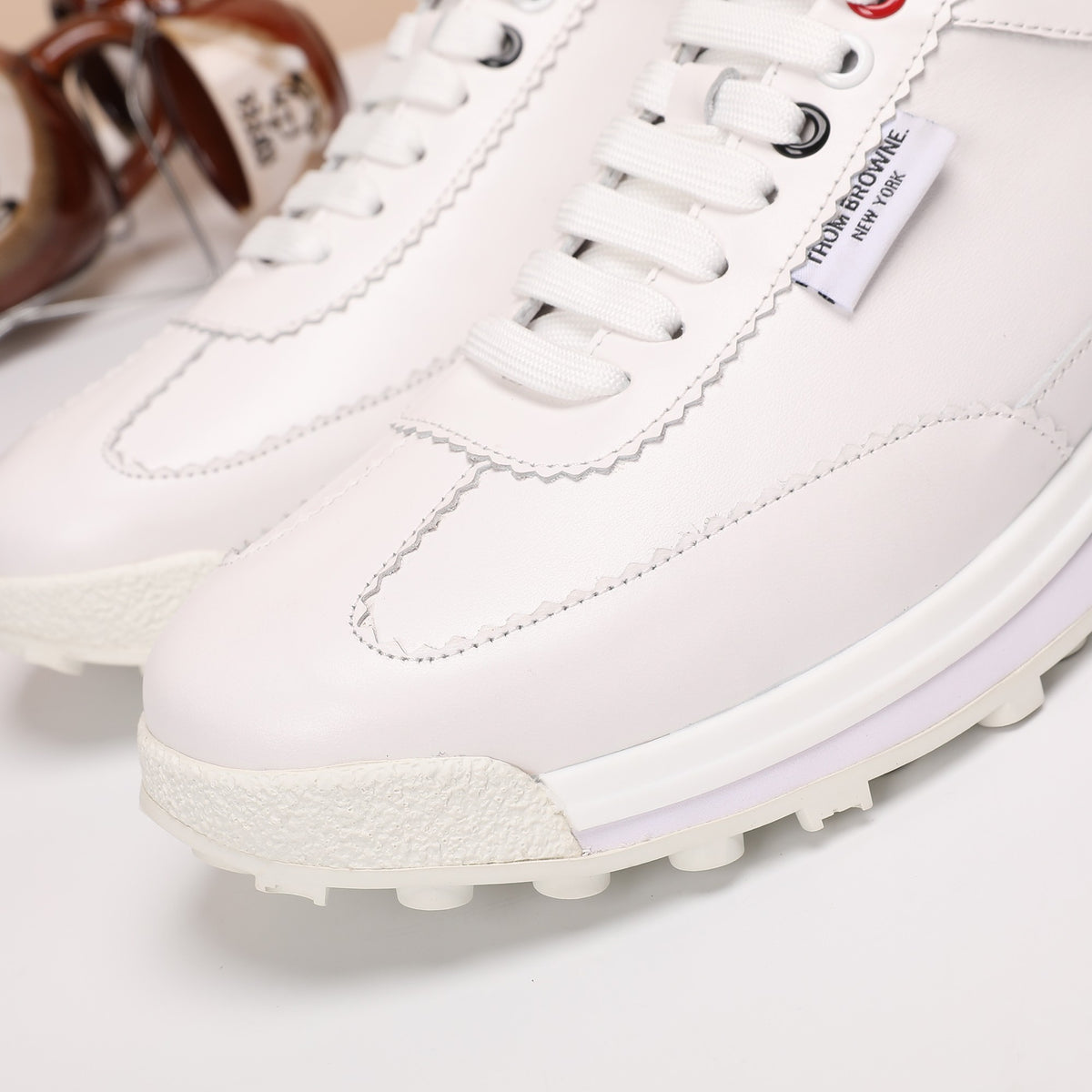 Thom Browne Men’s Triple White Leather Runner Sneakers – product detail view 8