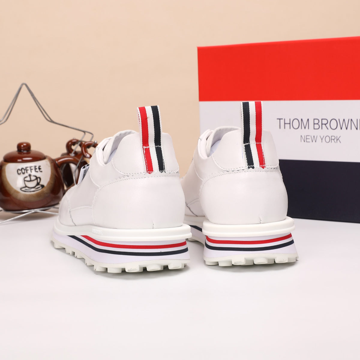 Thom Browne Men’s Triple White Leather Runner Sneakers – product detail view 9