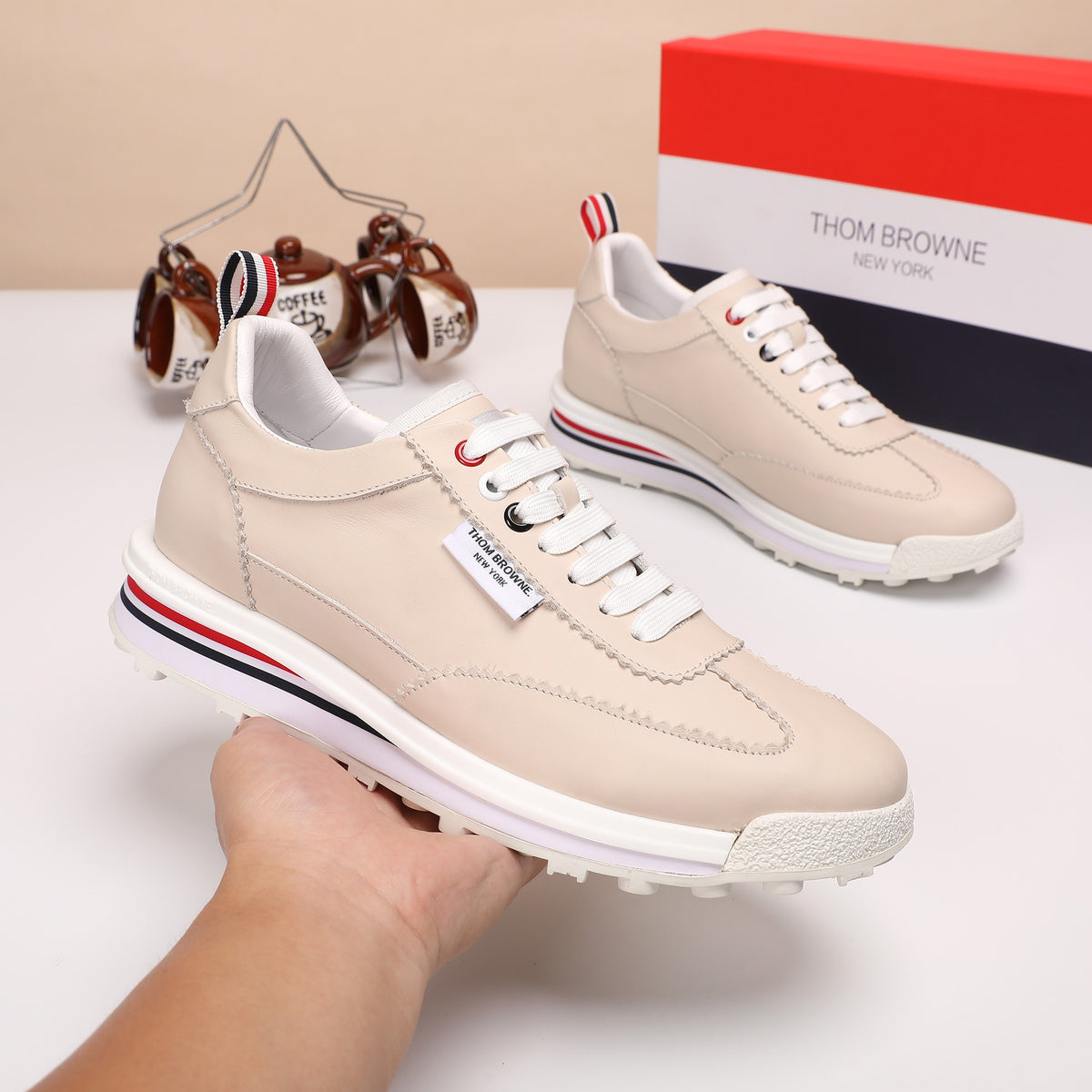 Thom Browne Men’s Beige Leather Runner Sneakers – product detail view 3
