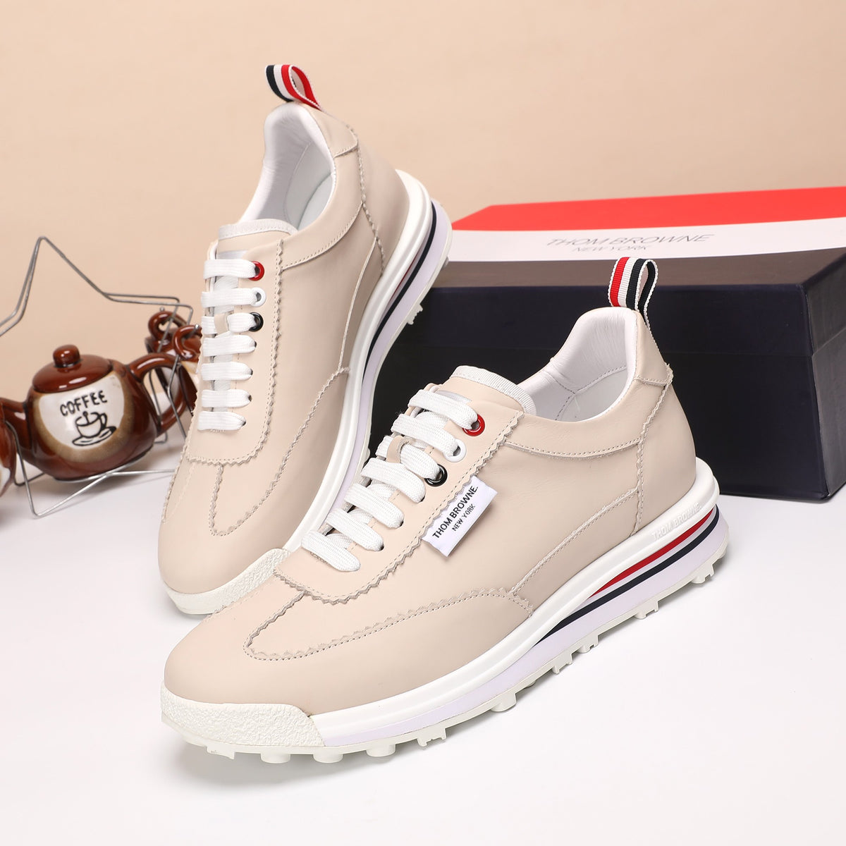Thom Browne Men’s Beige Leather Runner Sneakers – product detail view 5