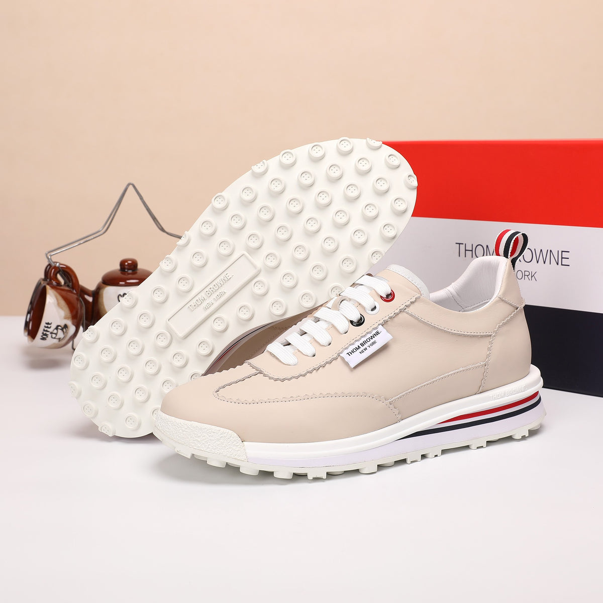 Thom Browne Men’s Beige Leather Runner Sneakers – product detail view 9