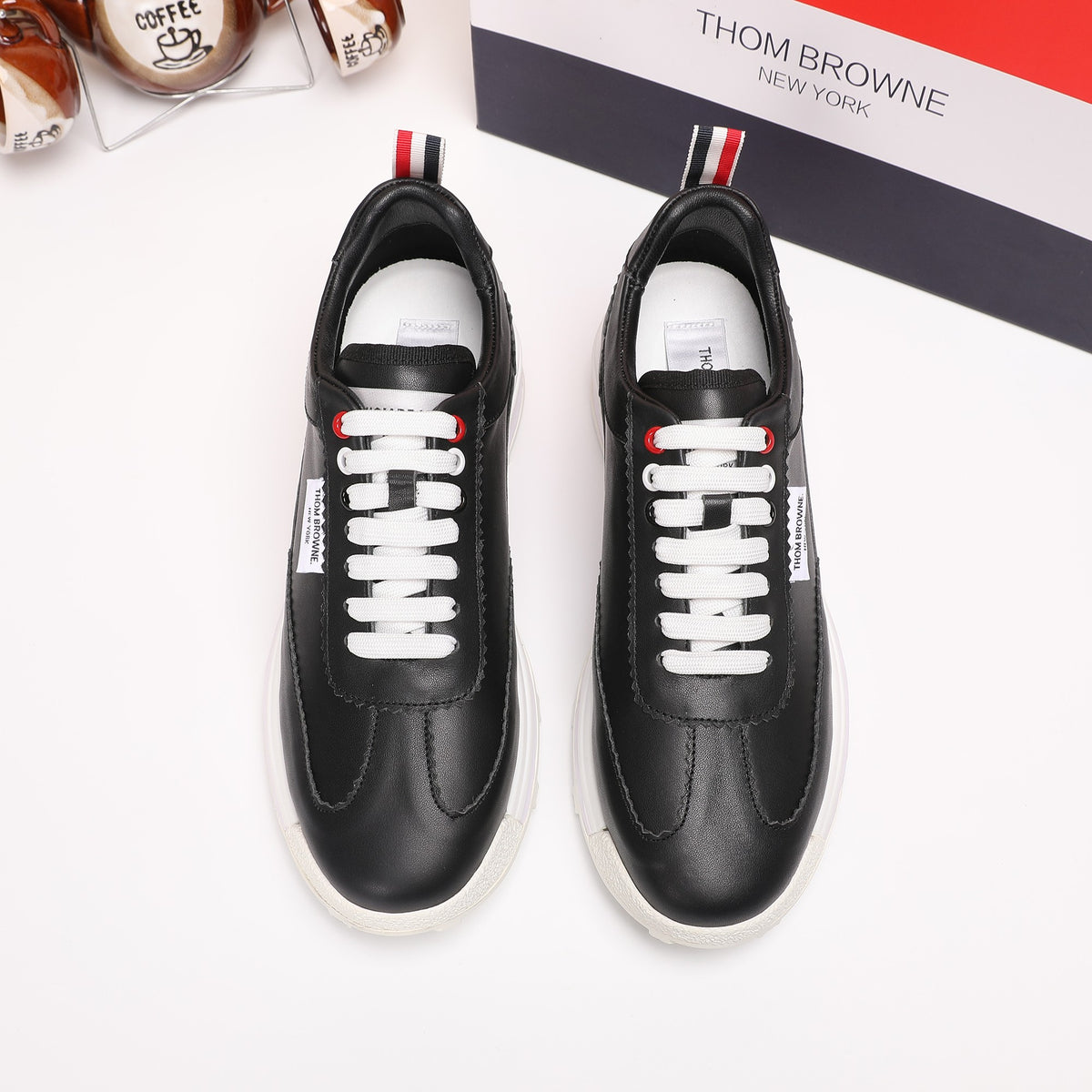 Thom Browne Men’s Black Leather Runner Sneakers – product detail view 2