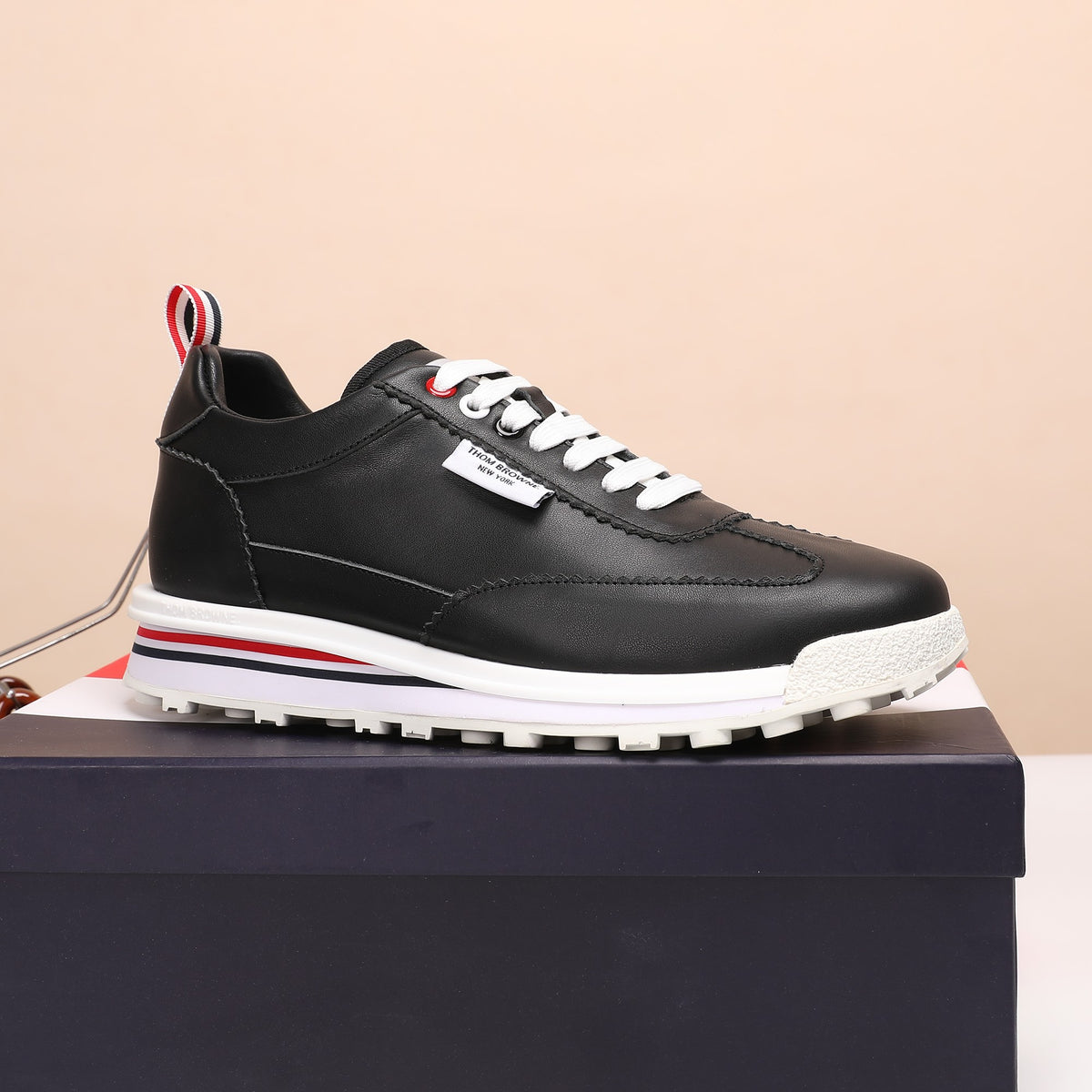 Thom Browne Men’s Black Leather Runner Sneakers – product detail view 4