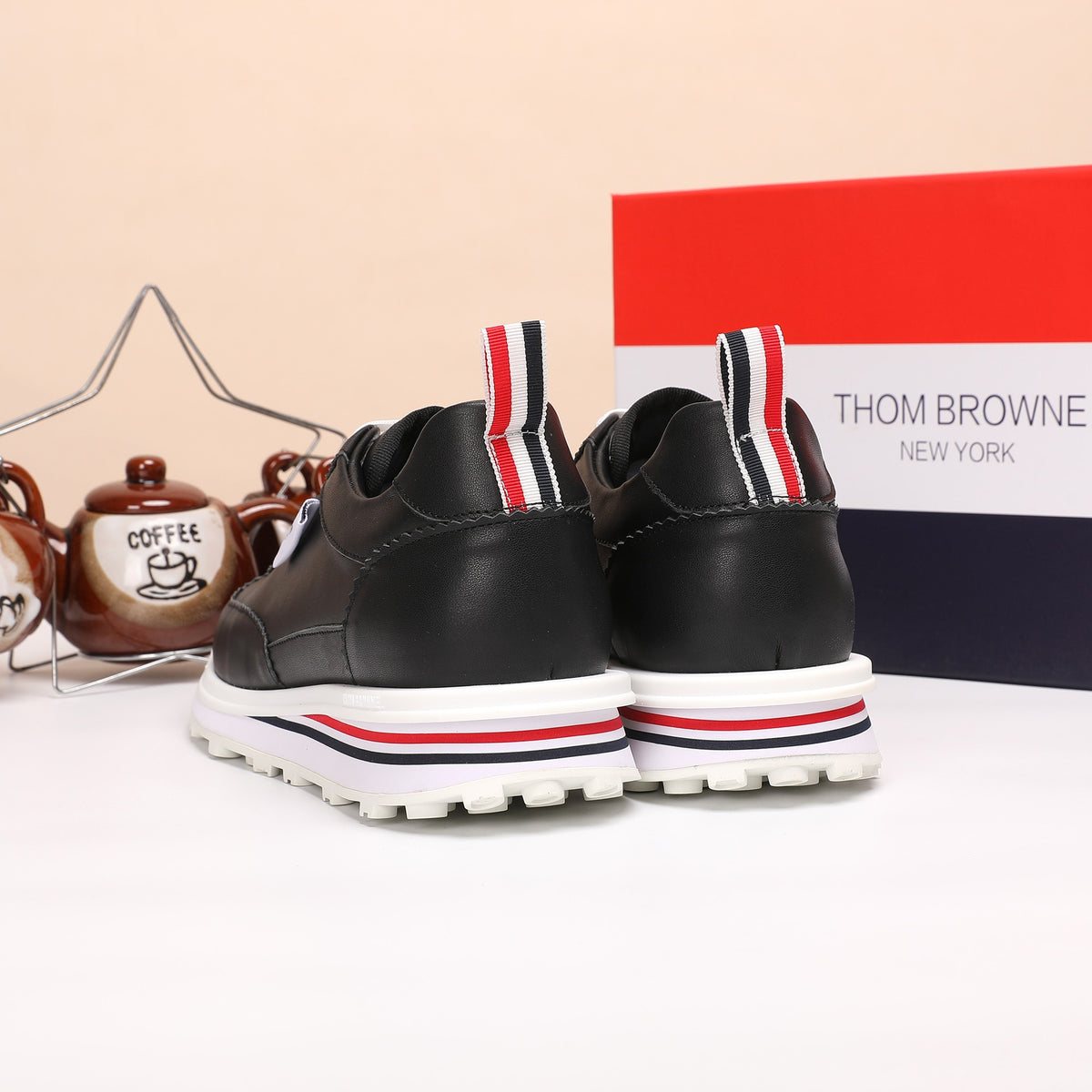 Thom Browne Men’s Black Leather Runner Sneakers – product detail view 7