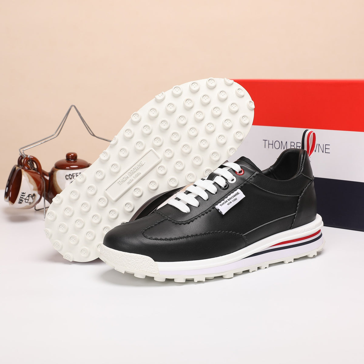 Thom Browne Men’s Black Leather Runner Sneakers – product detail view 8