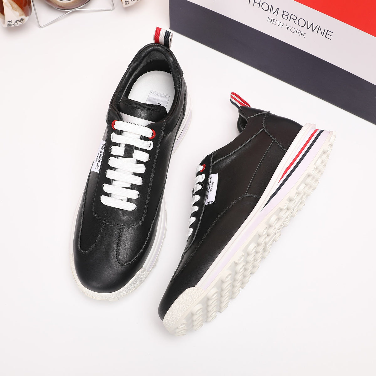 Thom Browne Men’s Black Leather Runner Sneakers – product detail view 9