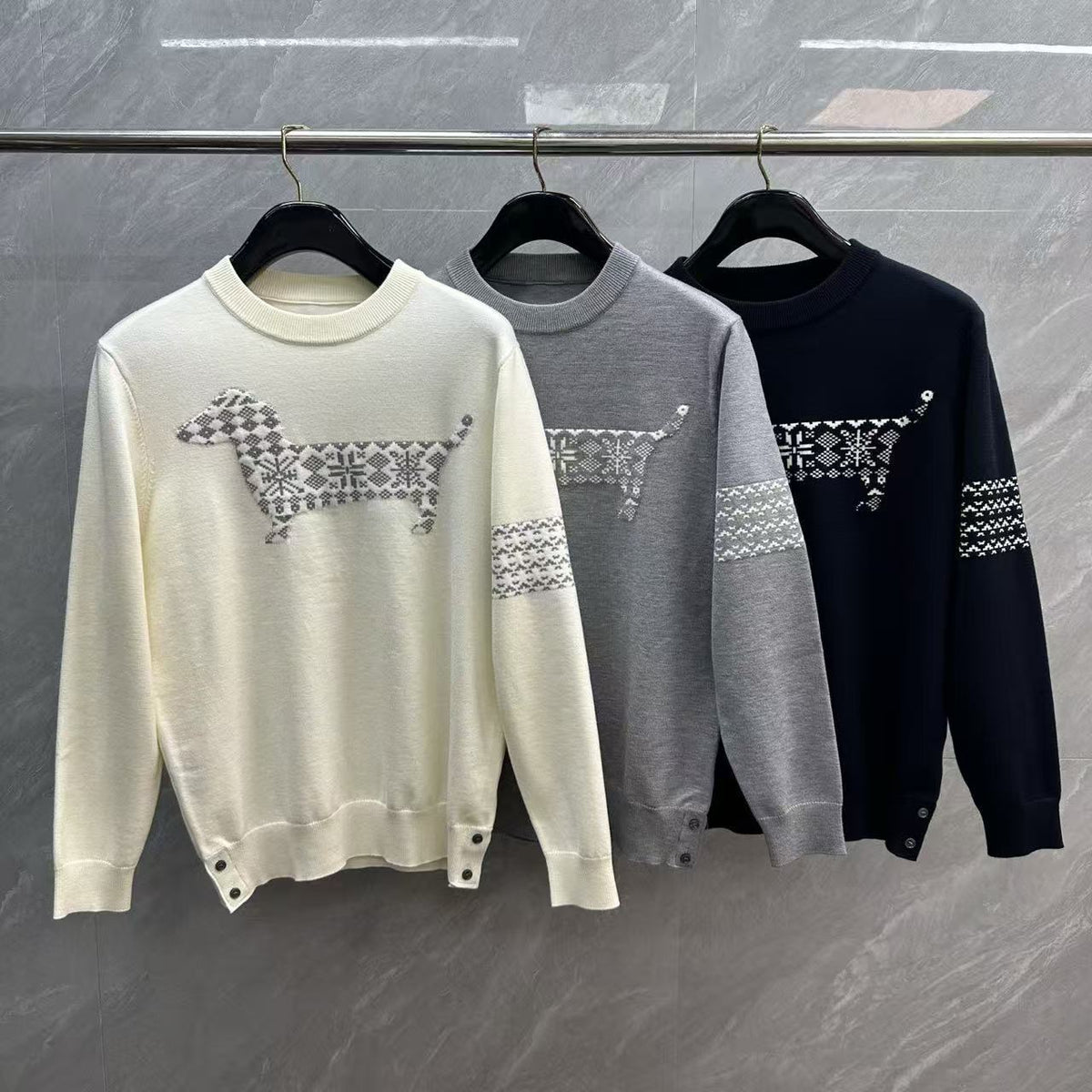 Thom Browne Fair Isle Dachshund Jacquard Crewneck Sweater detail view 1