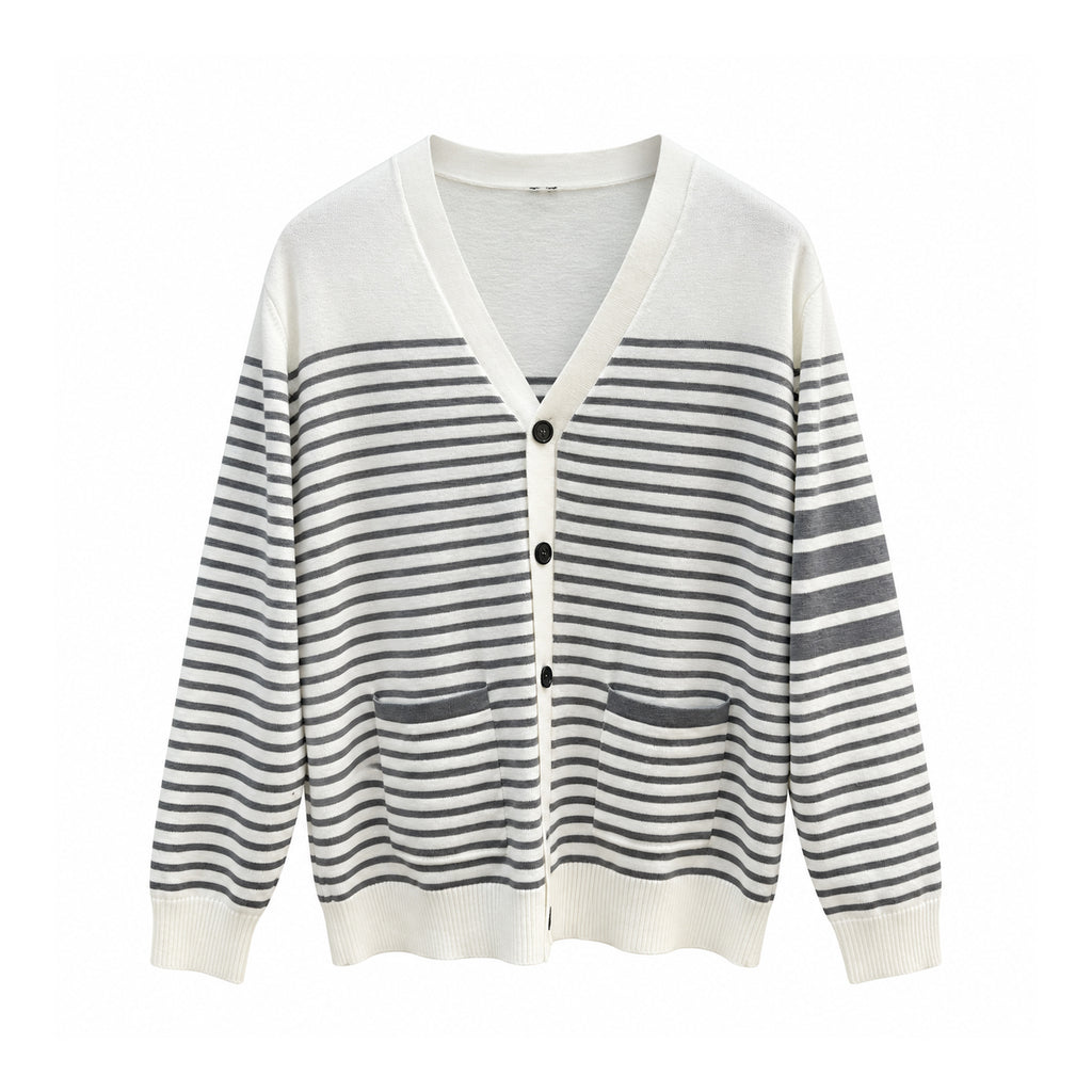 Thom Browne Interval Stripe Contrast Knit Cardigan front view on white background