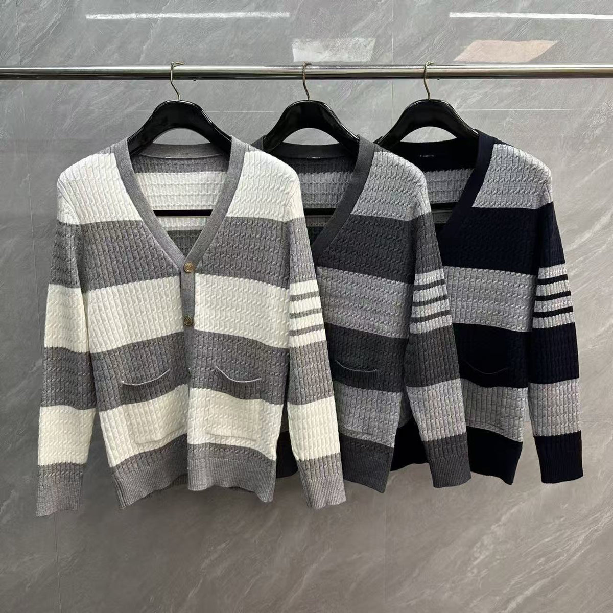 Thom Browne Wide Stripe Contrast Cable-Knit Cardigan detail view 1