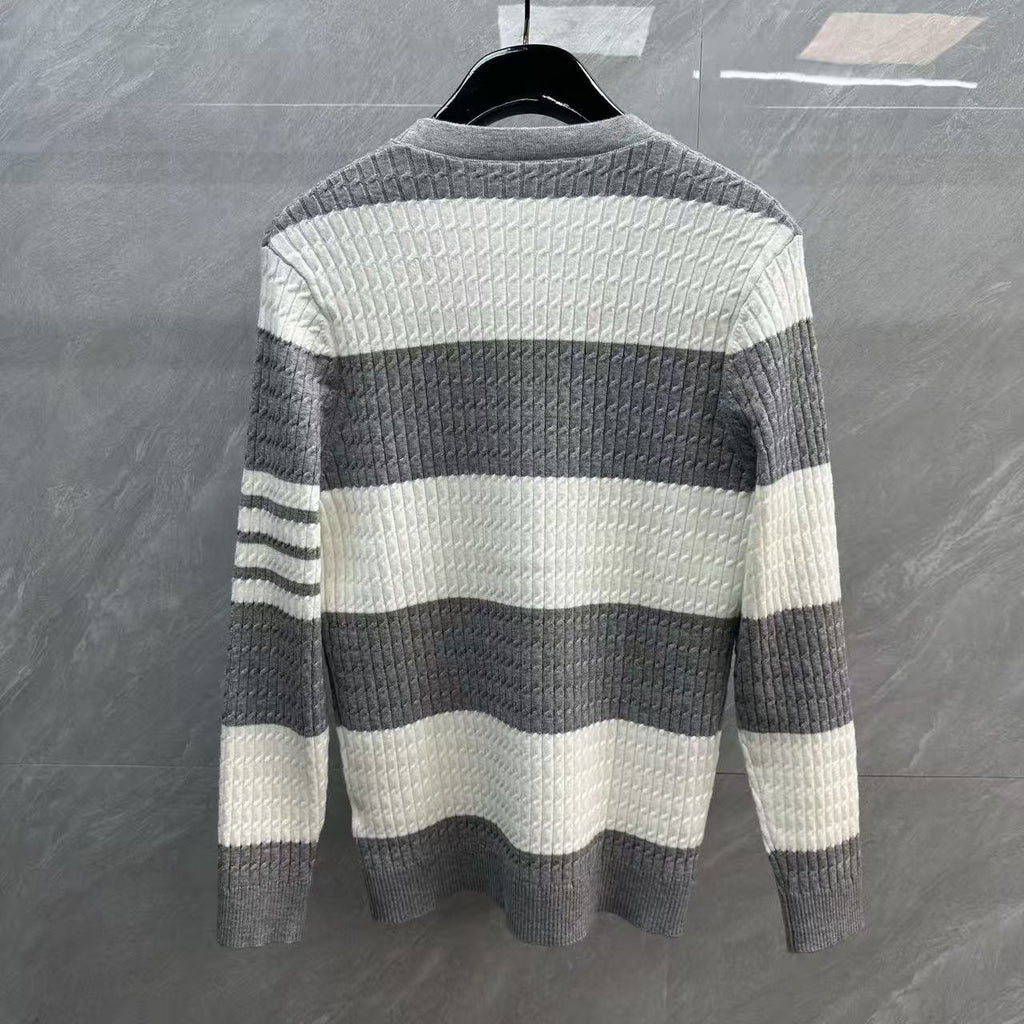 Thom Browne Wide Stripe Contrast Cable-Knit Cardigan detail view 3